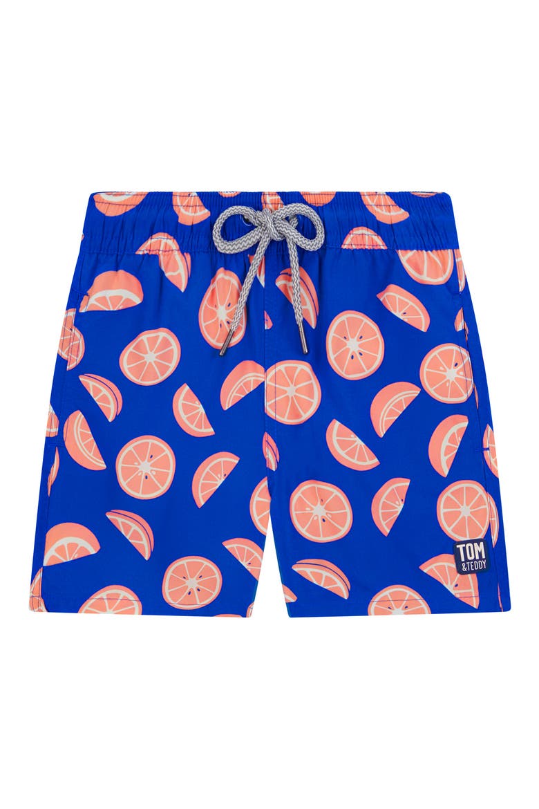Kids' Citrus Print Swim Trunks, Main, color, COBALT & PINK