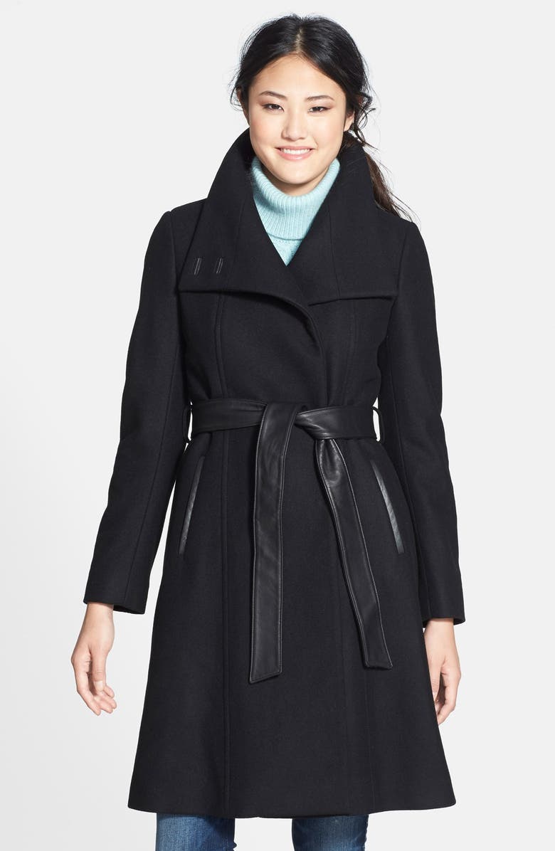French Connection Leather Trim Long Coat with Removable Faux Fur Collar, Alternate, color,