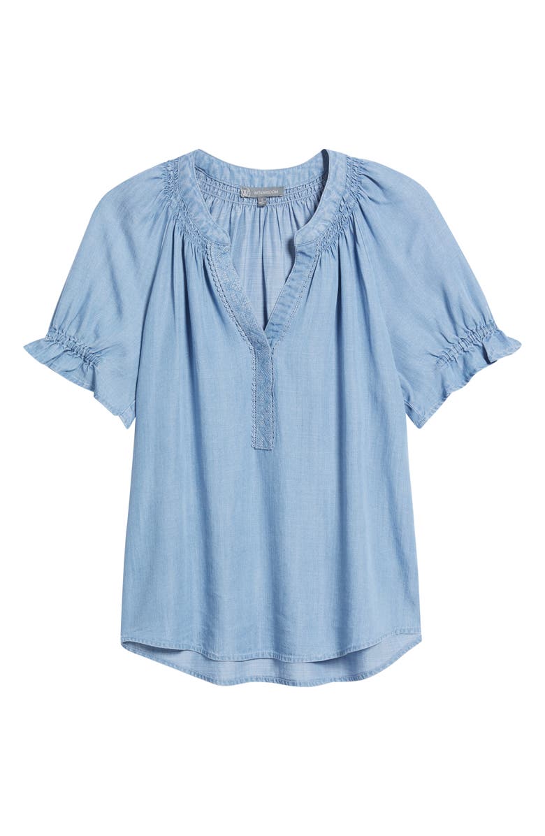 Wit & Wisdom Smocked Embroidered Chambray Top, Alternate, color,