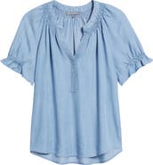 Wit & Wisdom Smocked Embroidered Chambray Top