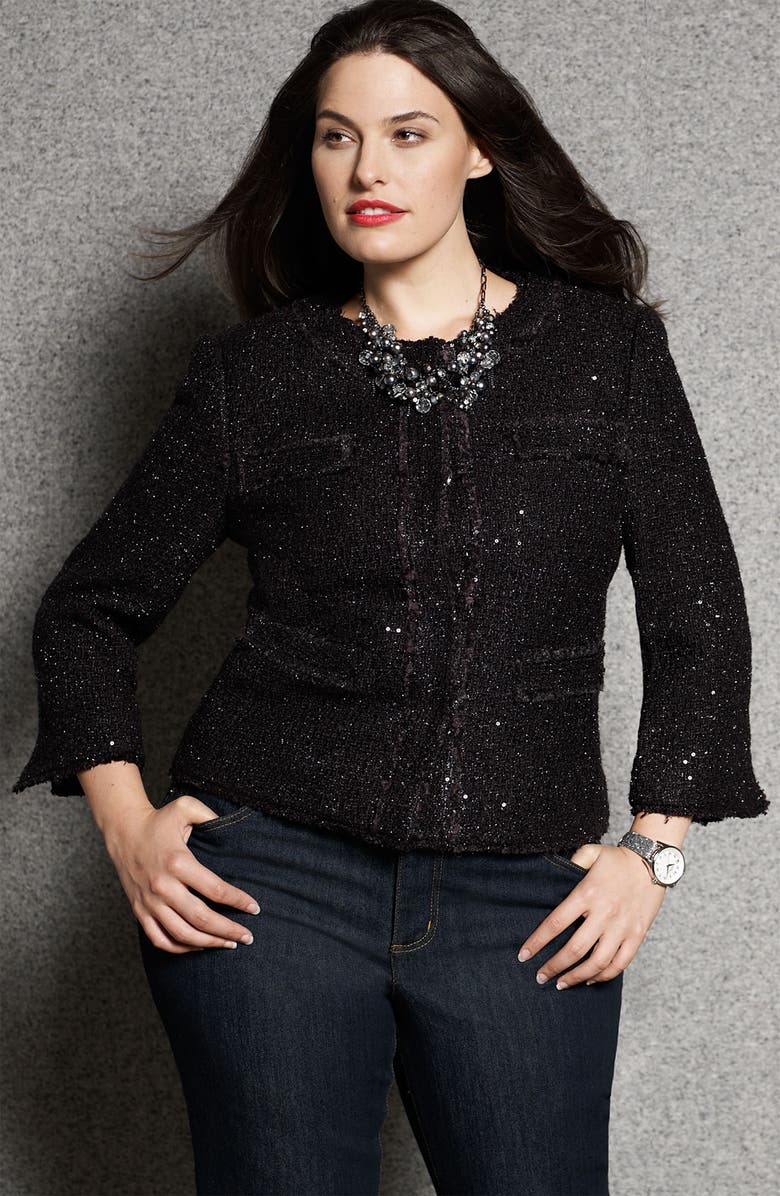 MICHAEL Michael Kors Sequined Eyelash Fringe Bouclé Jacket, Alternate, color,