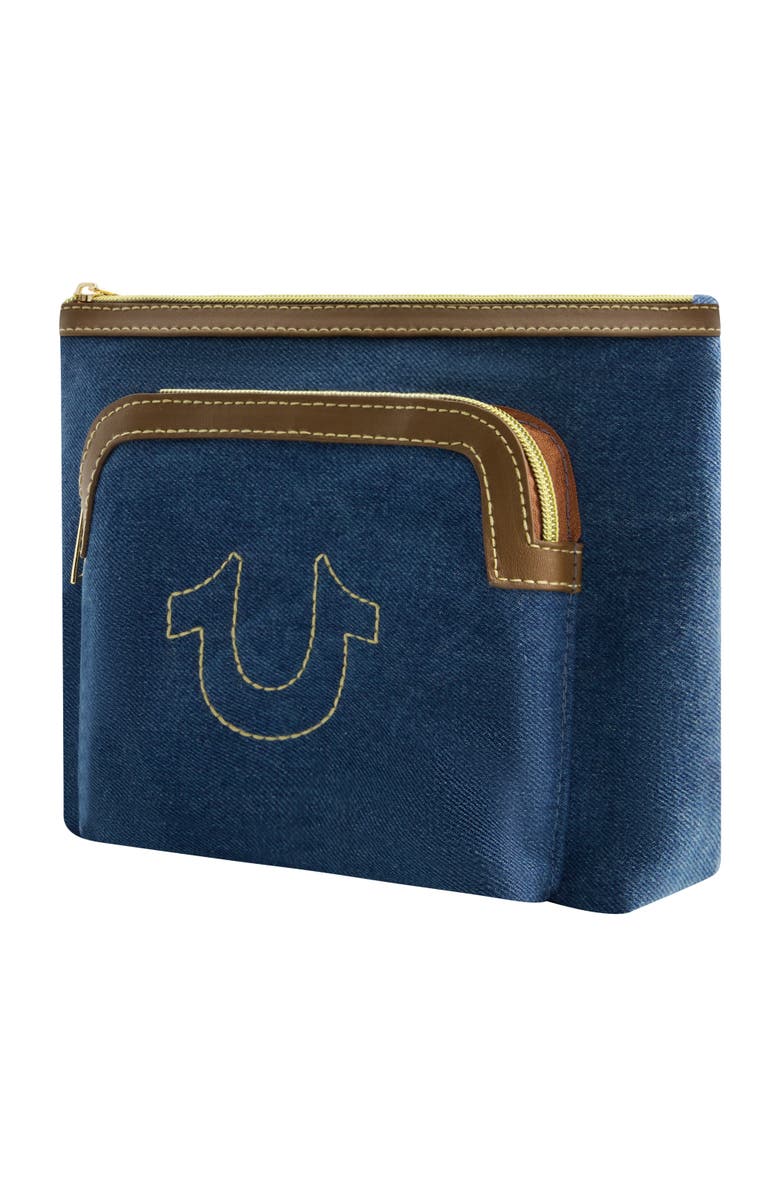 True Religion Trapezoid Zip Cosmetic Bag with Exterior Zip Pocket, Gold Hardware, Alternate, color, Denim
