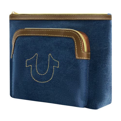 True Religion Trapezoid Zip Cosmetic Bag With Exterior Zip Pocket, Gold Hardware