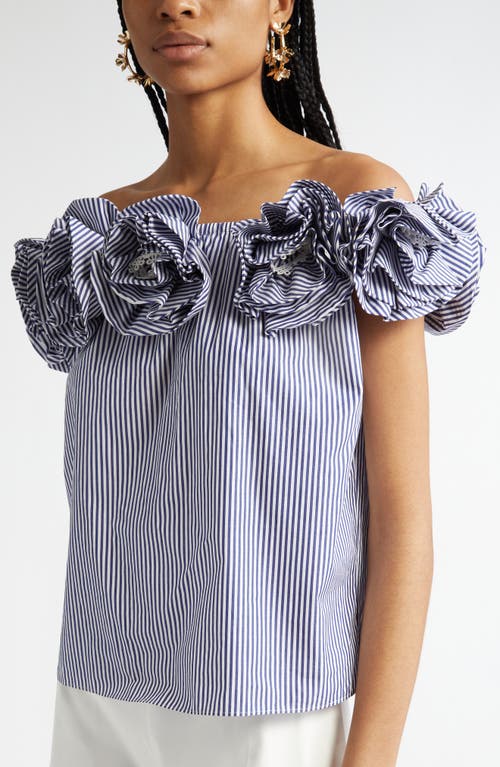 Carolina Herrera Ruffled Off-the-shoulder Striped Cotton-poplin Top In Blue