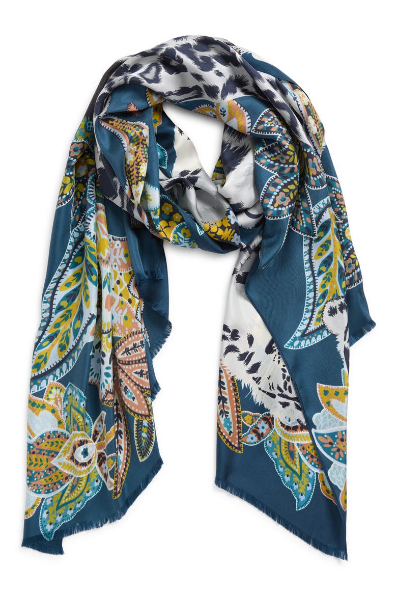 Snow Leopard Silk Wrap Scarf, Main, color, DENIM BLUE