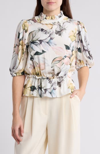 Floral Print Ruffle Neck Peplum Crop Top