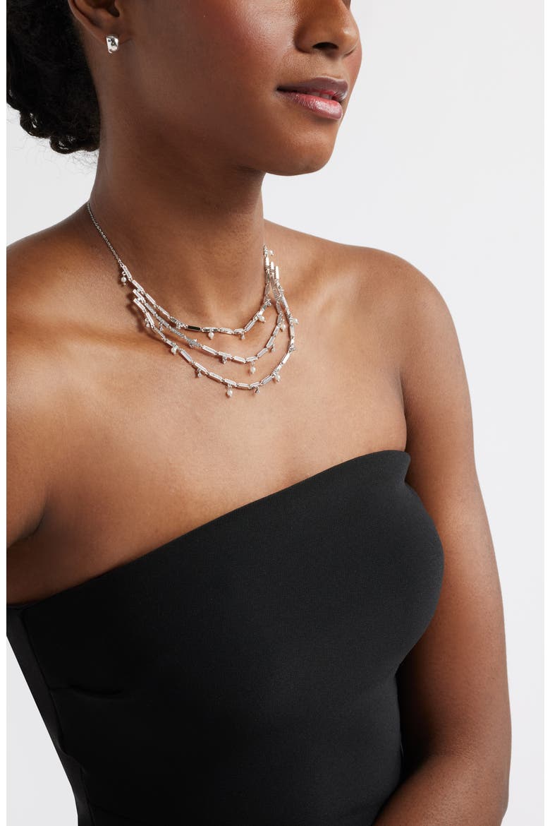 Cubic Zirconia & Pearl Charm Triple Tier Necklace, Alternate, color, CLEAR- SILVER