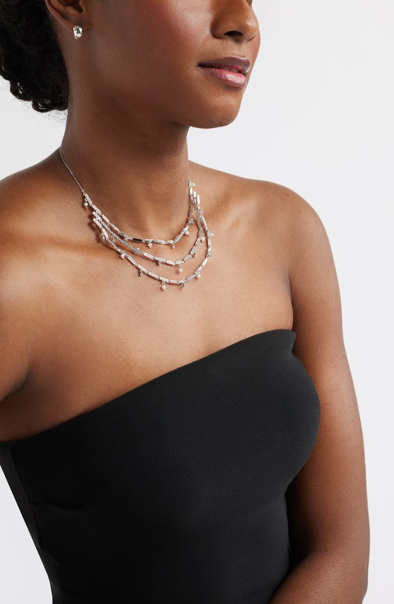 Nordstrom Cubic Zirconia & Pearl Charm Triple Tier Necklace, Alternate, color, Clear- Silver