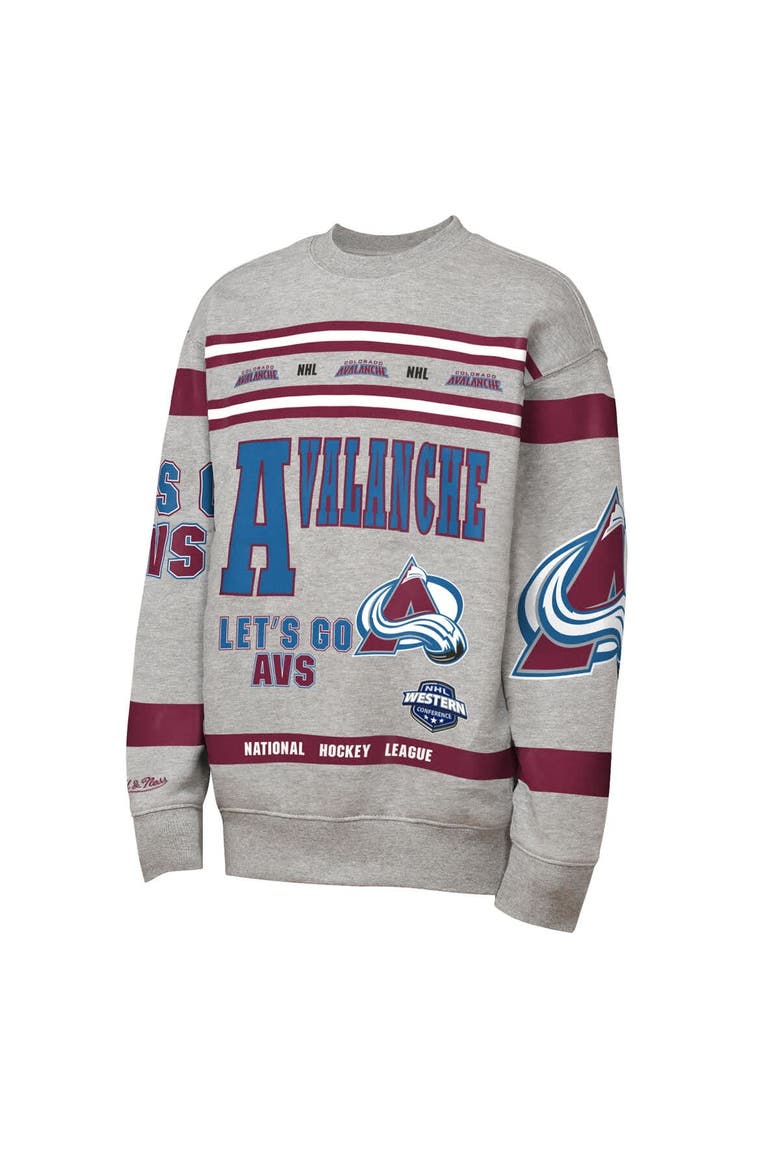 Youth Mitchell & Ness Heather Gray Colorado Avalanche Allover Print Fleece Crewneck Sweatshirt, Alternate, color, Heather Gray
