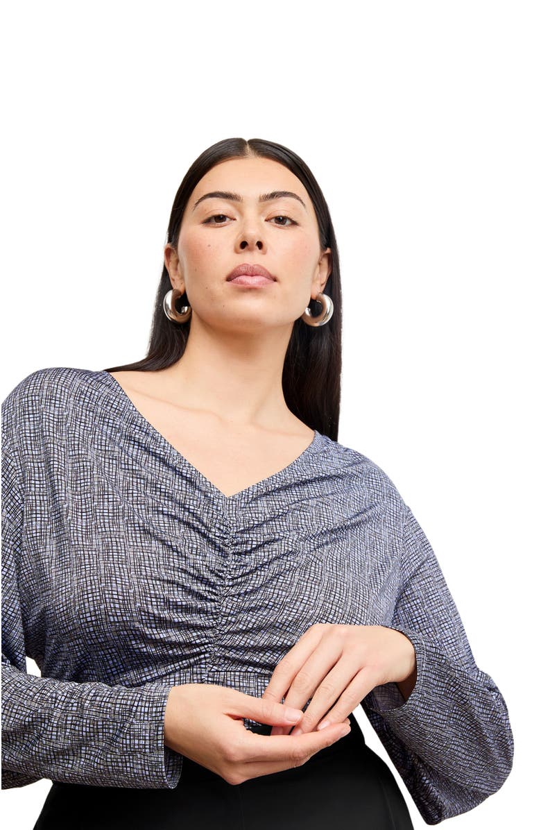 M.M.LaFleur Amina Printed Jersey Ruched Top, Alternate, color, Blueprint Sketch