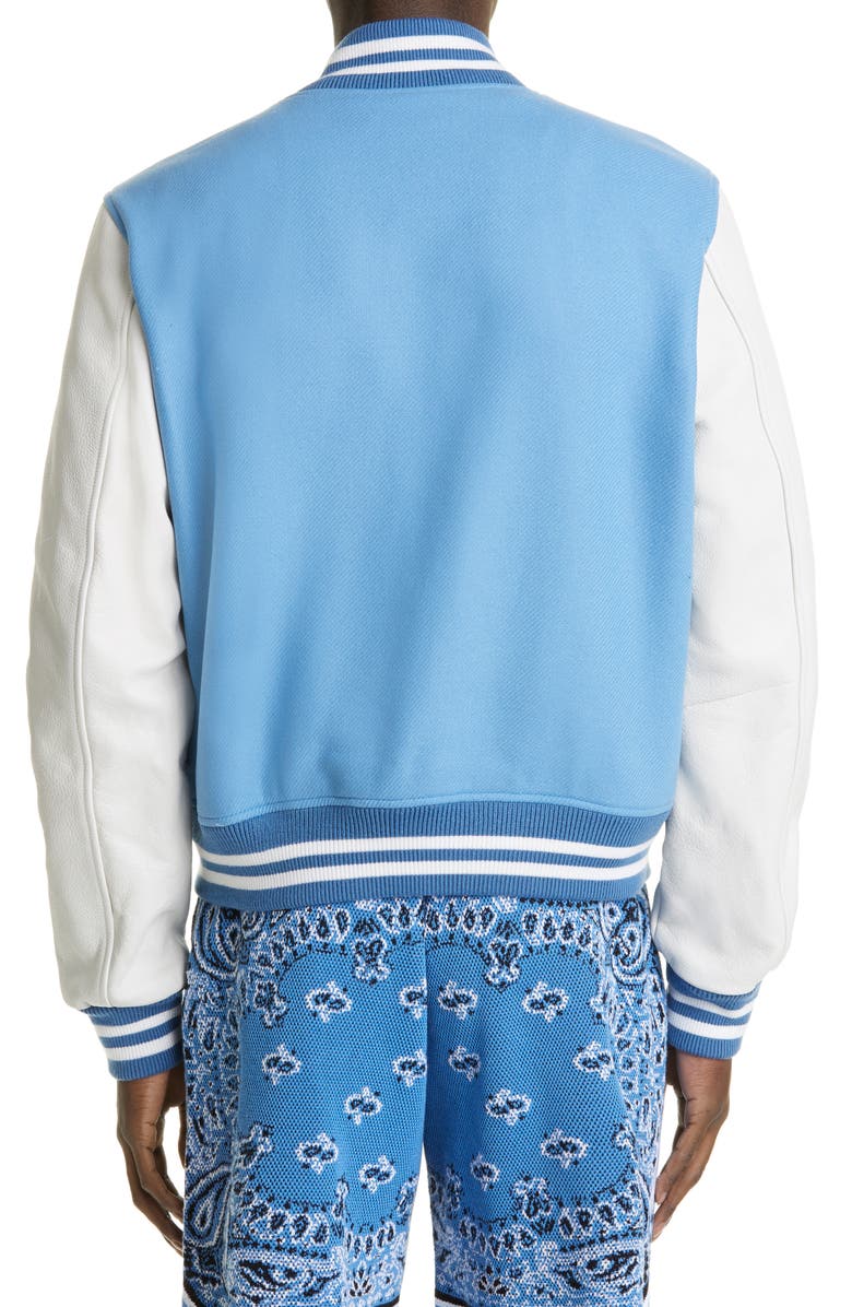 AMIRI Logo Patch Leather Sleeve Wool Blend Letterman Jacket, Alternate, color,