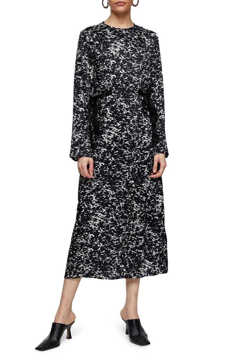 Tie Tent Long Sleeve Midi Dress, Main, color, BLACK MULTI