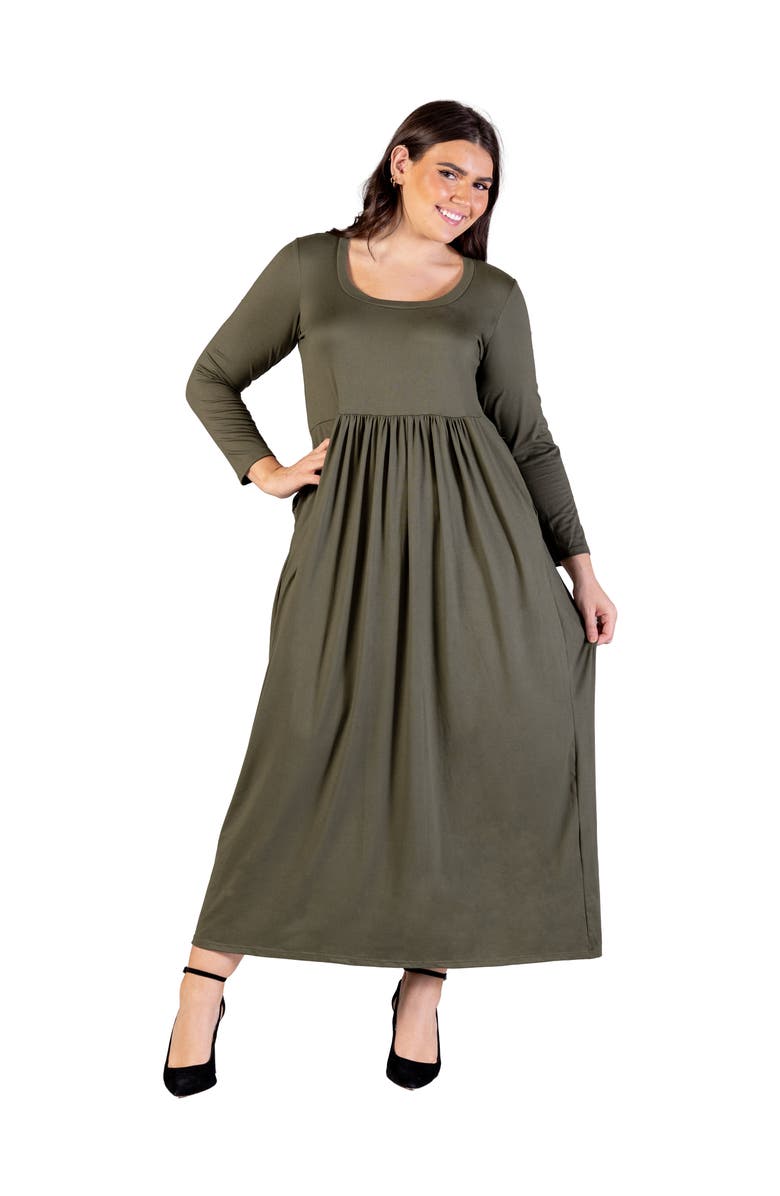 24seven Comfort Apparel Long Sleeve Empire Waist Pocket Maxi Dress, Main, color, Olive