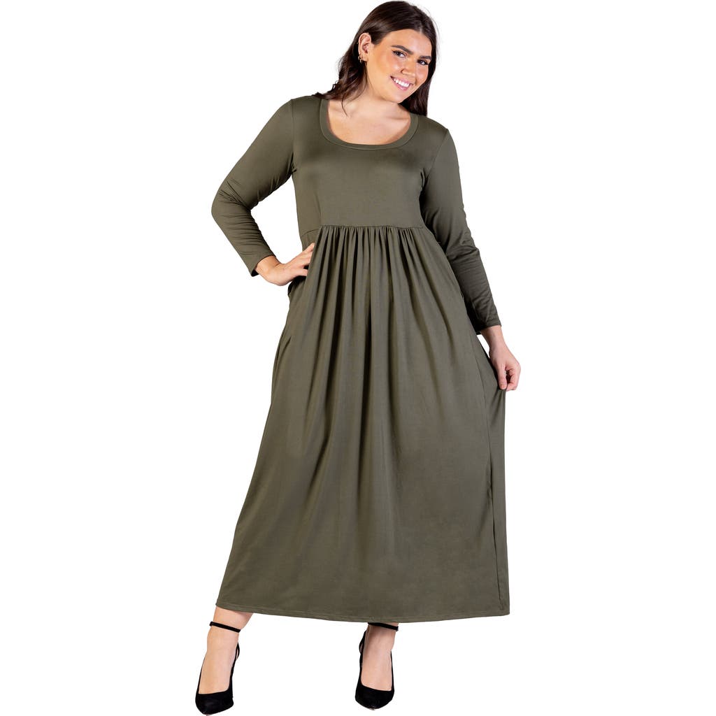 24seven Comfort Apparel Long Sleeve Empire Waist Pocket Maxi Dress In Animal Print