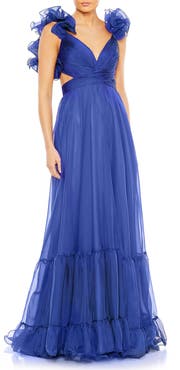 Mac Duggal Sleeveless Ruffle Tiered Cut-Out Chiffon Gown