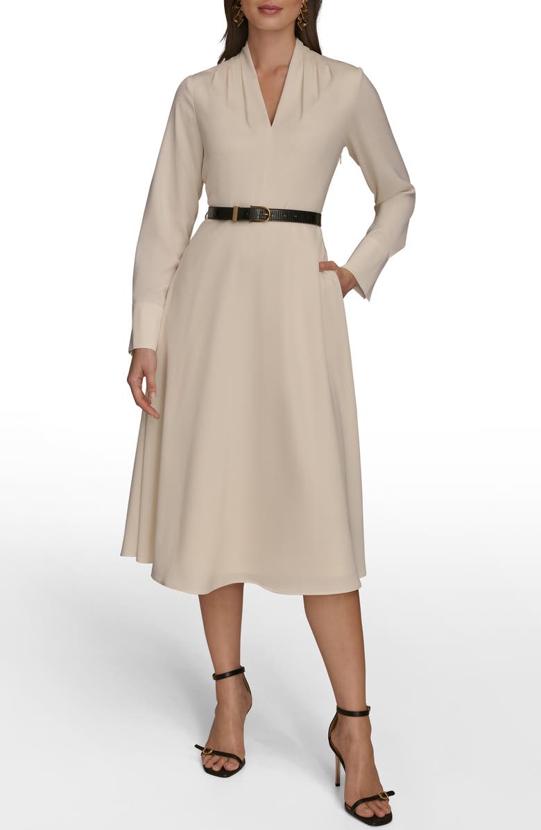 Donna Karan New York Long Sleeve Belted Satin Midi Dress, Main, color, Pristine