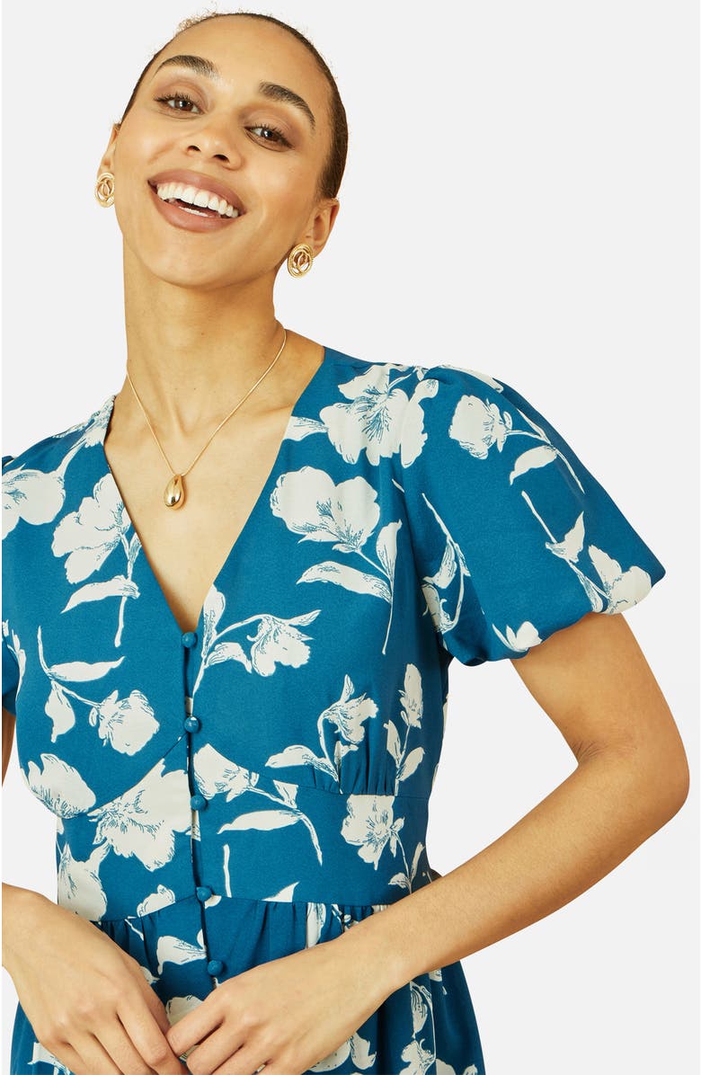 Yumi Floral Button Down Floral Midi Dress, Alternate, color, Teal