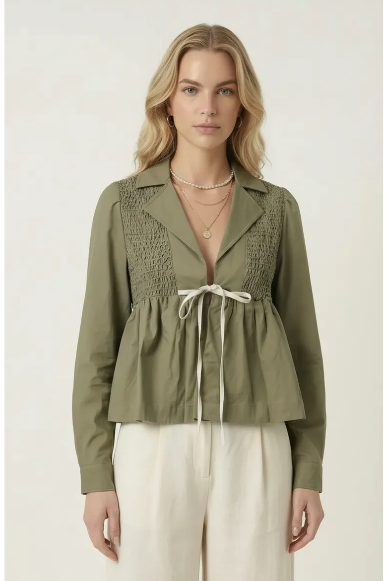 Smocked Panel Tie Front Blouse, Main, color, Olive