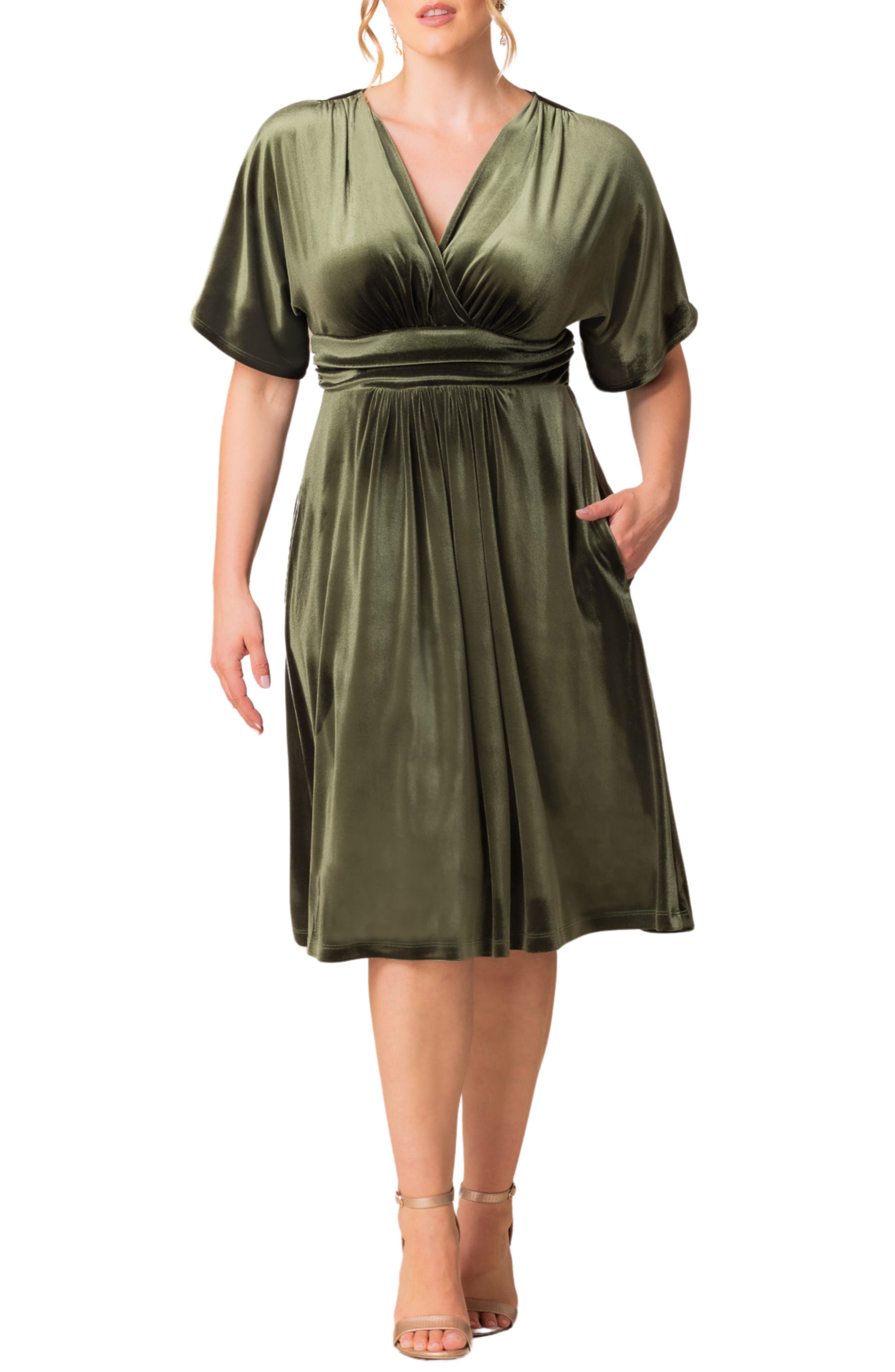 Kiyonna Angelic Velvet Cocktail Dress in Olive Green 