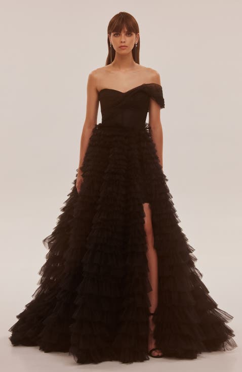 One-Shoulder Layered Tulle Gown in Black for Formal Occasions