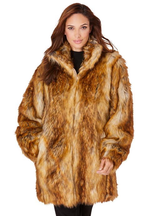Plus Size Mid Length Hooded Faux Fur Coat