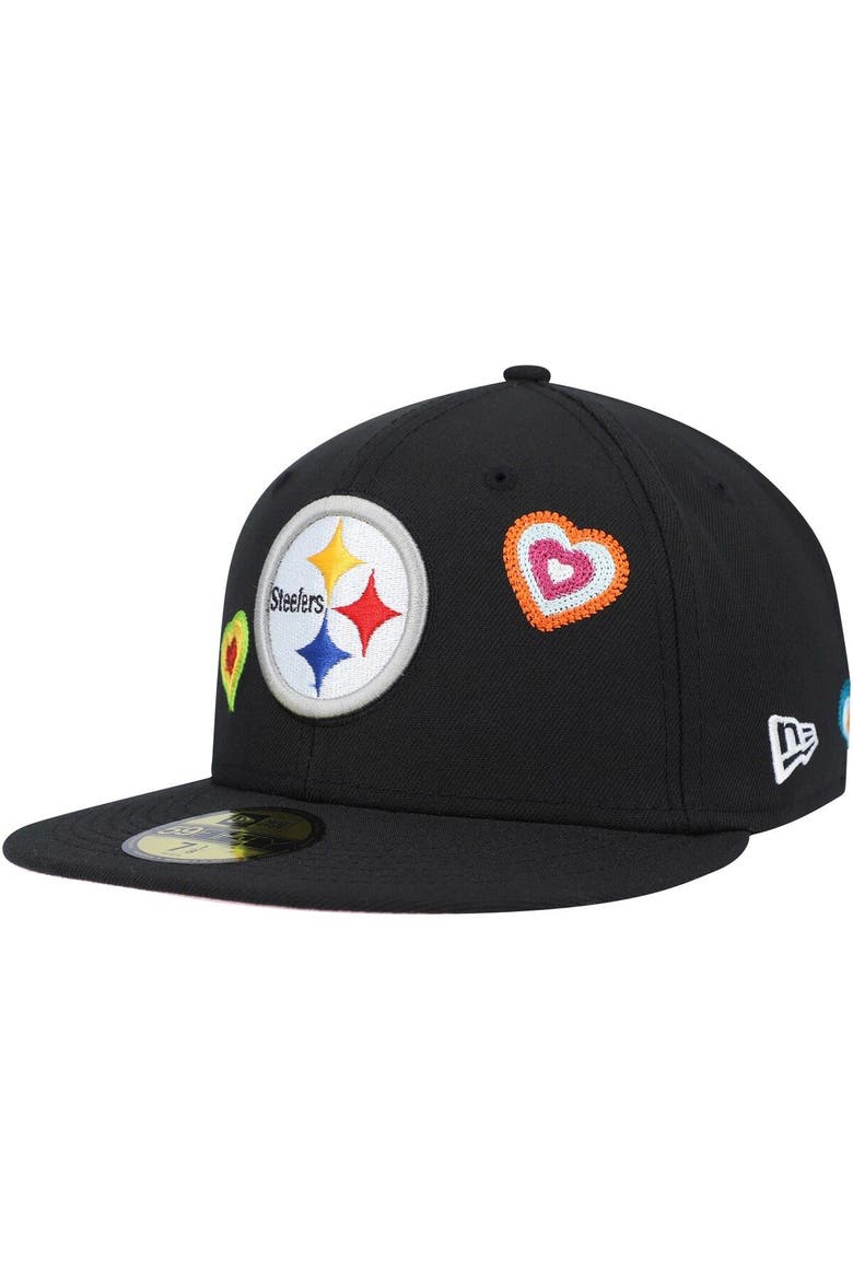 Men's New Era Black Pittsburgh Steelers Chain Stitch Heart 59FIFTY Fitted Hat, Main, color, Black