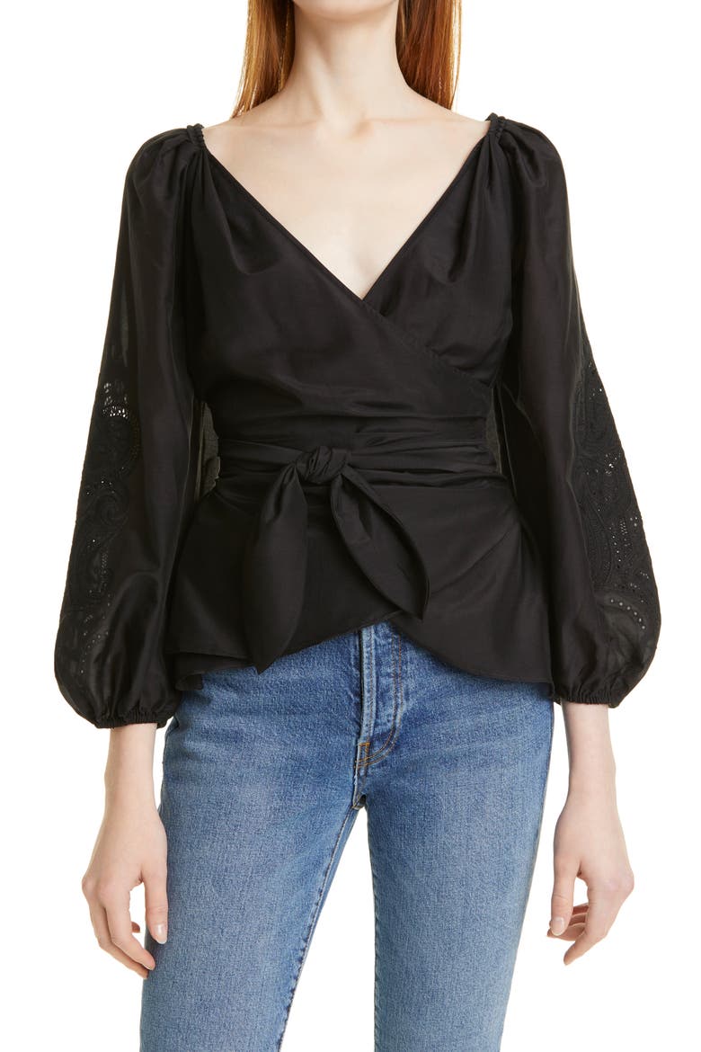 Norah Balloon Sleeve Cotton & Silk Wrap Blouse, Main, color, BLACK