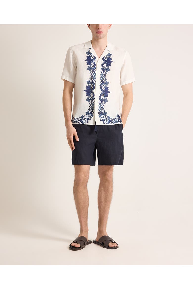 Maitan Linen Relaxed Fit Linen Mirabello Border Shirt, Main, color, White/Night Iris