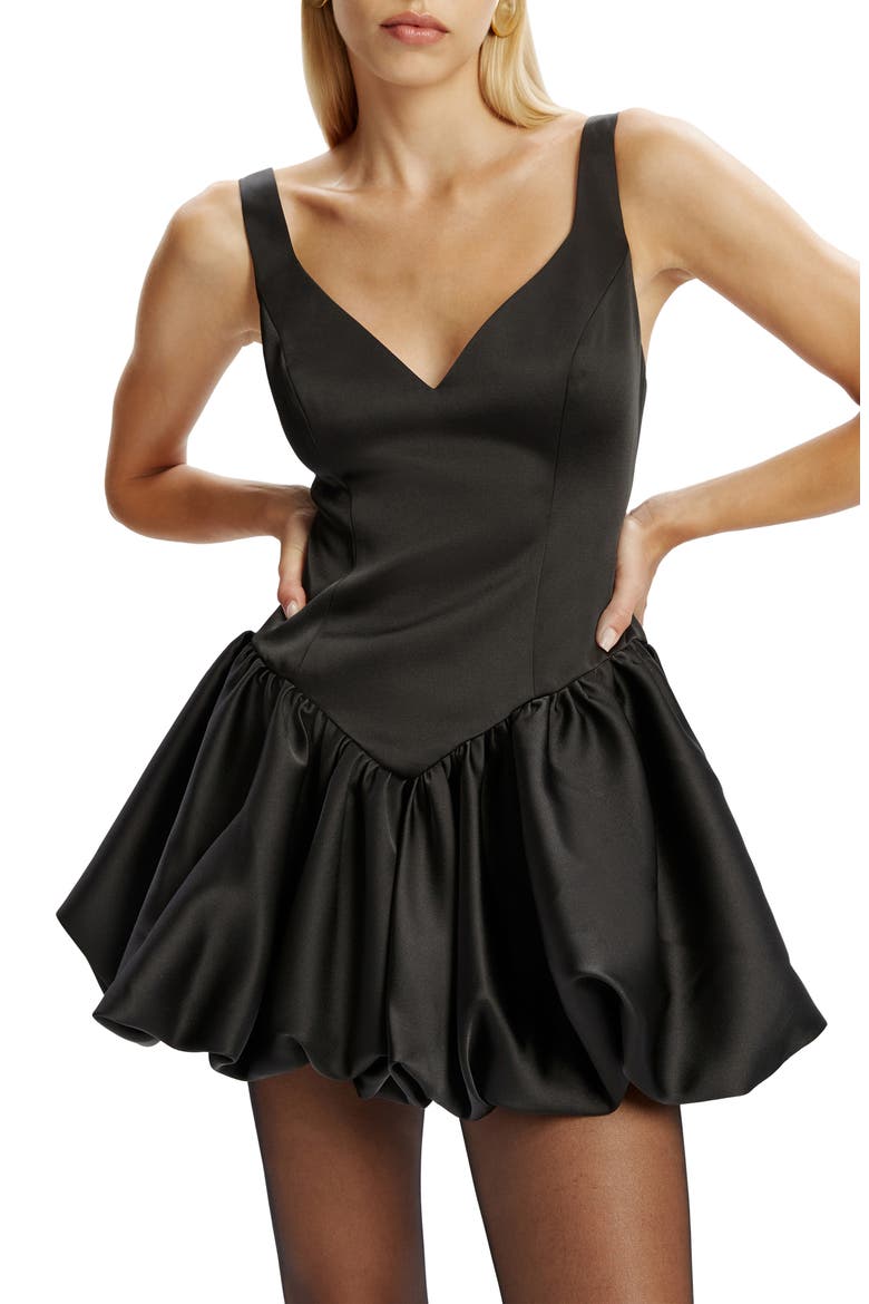 Oria Bubble Hem Satin Minidress, Alternate, color, BLACK