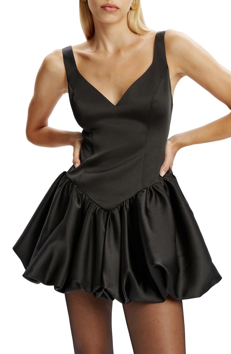 Bardot Oria Bubble Hem Satin Minidress, Alternate, color, Black