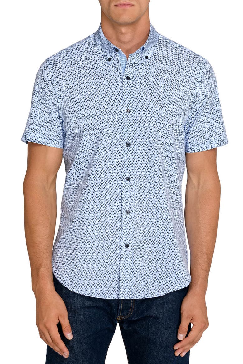 Geometric Short Sleeve Button-Down Shirt, Main, color, WHITE/ BLUE