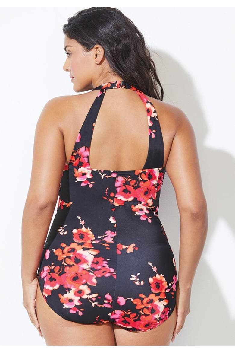 Chlorine Resistant H-Back Sarong Front One Piece Swimsuit, Alternate, color, New Poppies