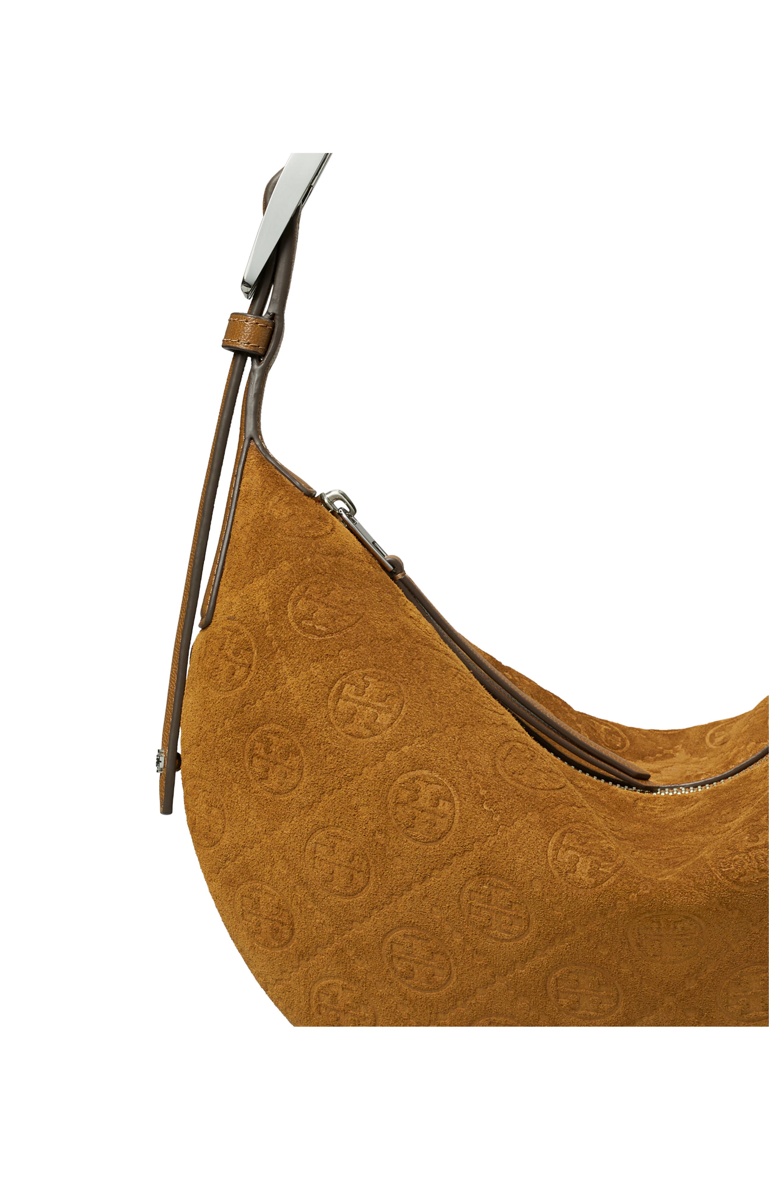 Tory Burch Small T Monogram Suede Balloon Bag, Alternate, color, Chicory Brown