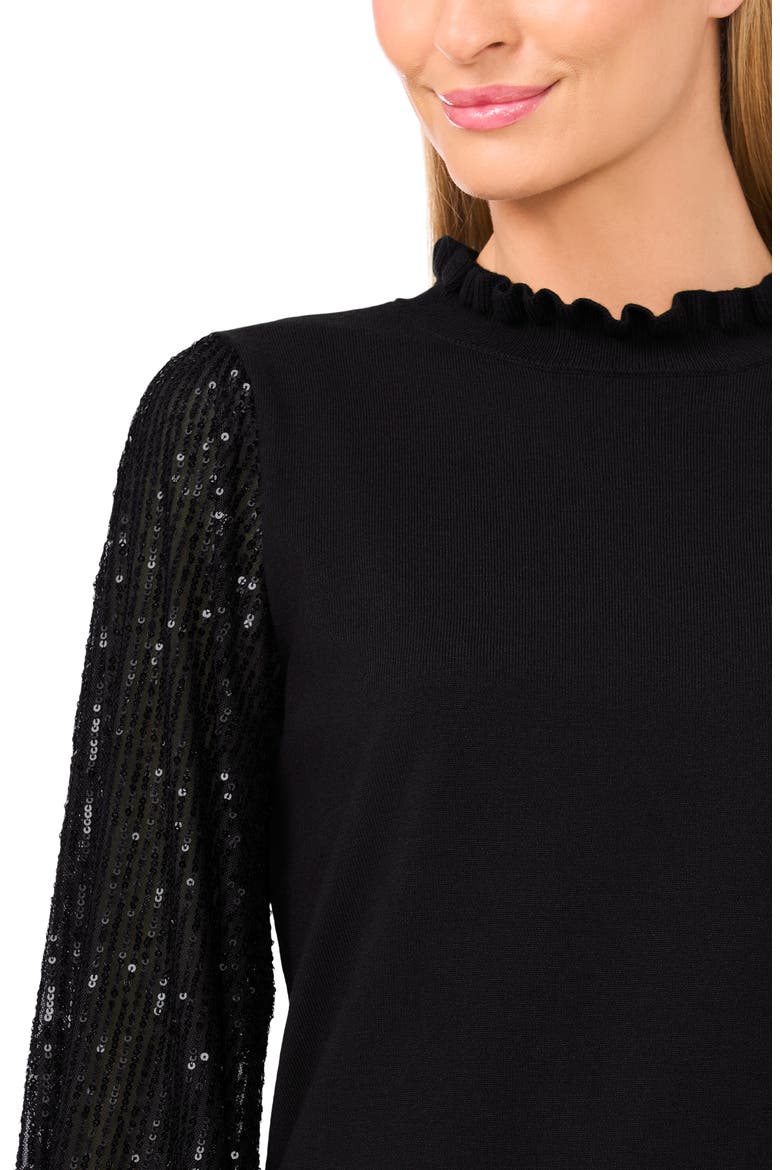 Sequin Sleeve Mock Neck Sweater, Alternate, color, RICH BLACK