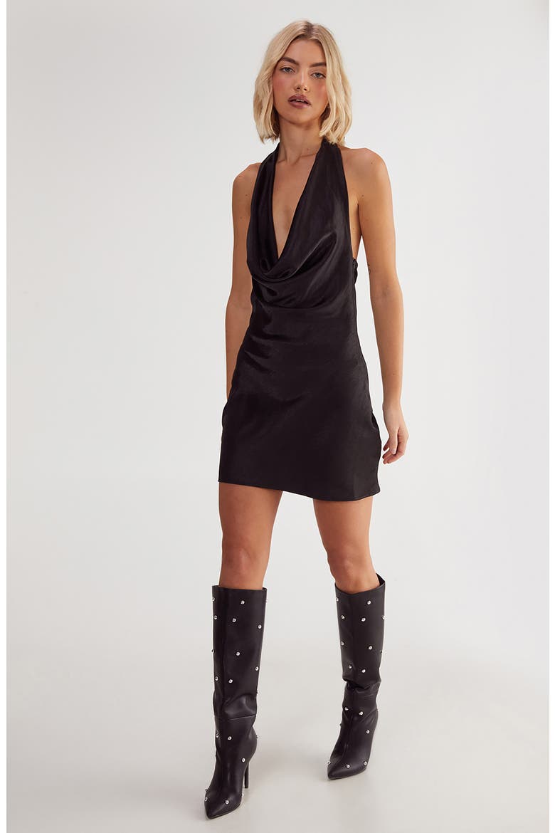 Textured Satin Cowl Neck Minidress, Alternate, color, BLACK