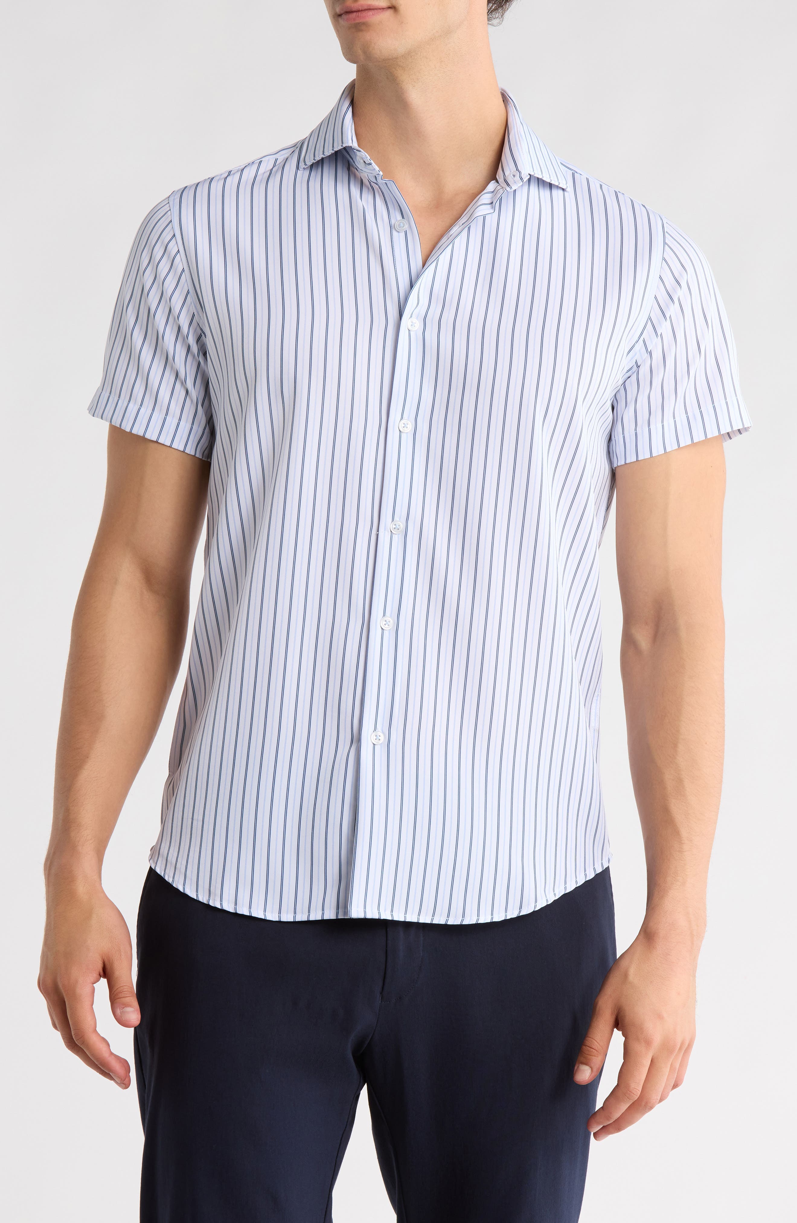 DENIM AND FLOWER Stripe Print Performance Short Sleeve Shirt