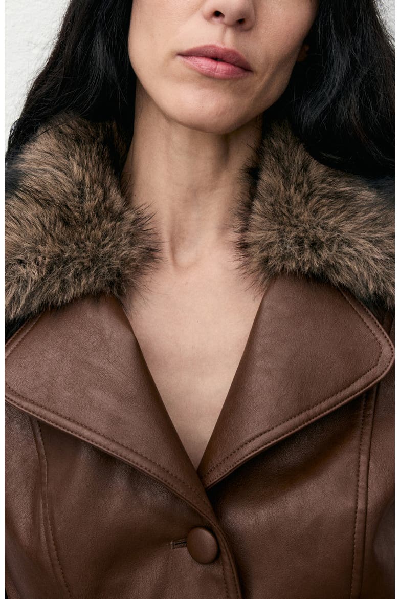 Fernanda Faux Leather Belted Coat with Removable Faux Fur Trim, Alternate, color, MEDIUM BROWN