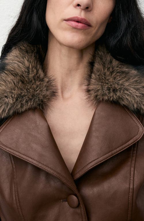 Mango Fernanda Faux Leather Belted Coat With Removable Faux Fur Trim In Brown