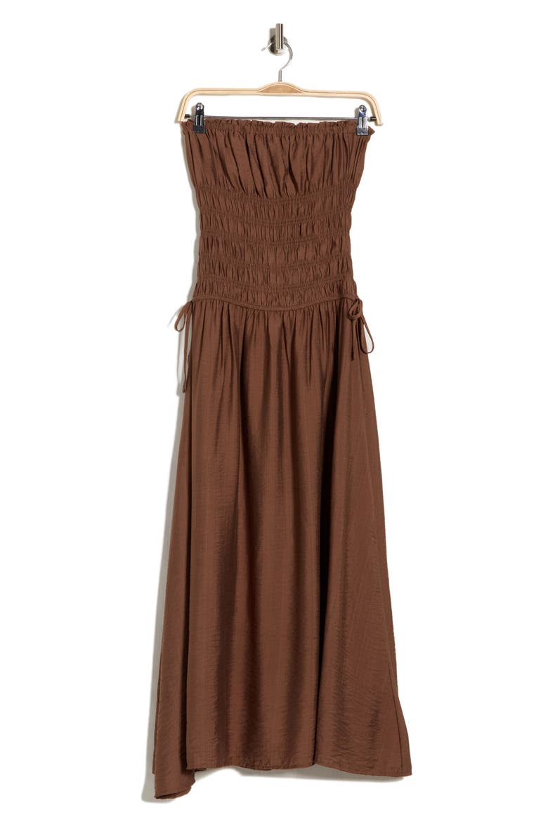 Strapless Satin Midi Dress, Alternate, color, DARK BROWN