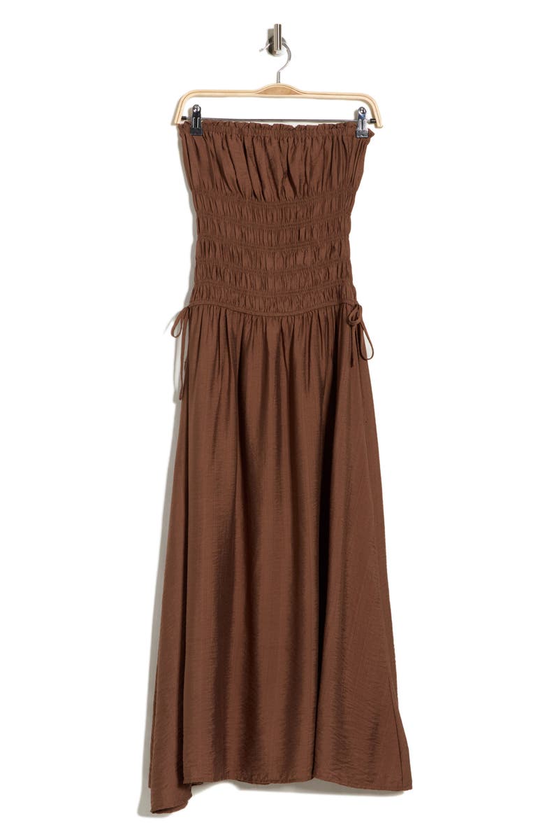 Blu Pepper Strapless Satin Midi Dress, Main, color, Dark Brown
