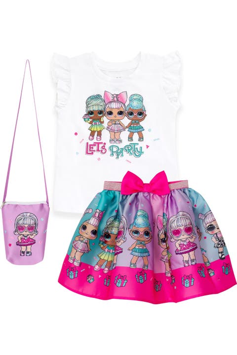 T-Shirt and Satin Skirt Set with Bag