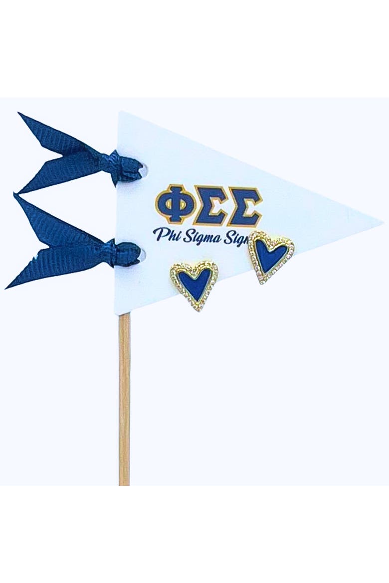 Phi Sigma Sigma Heart Stud Enamel Earrings on Sorority Pennant Flag, Main, color, Yellow Gold