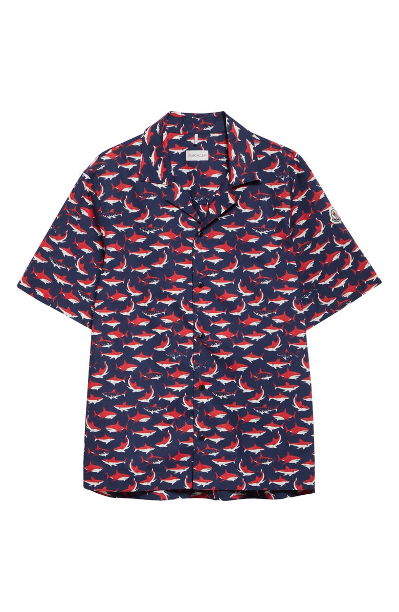 Moncler Logo Shark Cotton Camp Shirt, Alternate, color, Blue