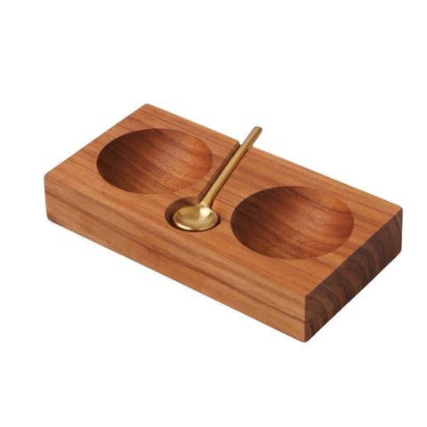 Teak Plank Salt and Pepper Cellar with Gold Spoon