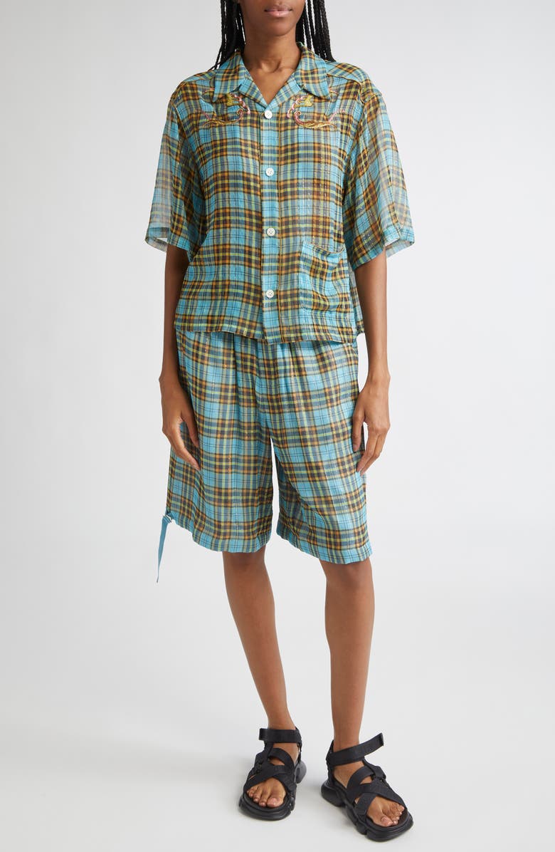 Undercover Metallic Stripe Plaid Silk Blend Camp Shirt, Alternate, color, Blue Check