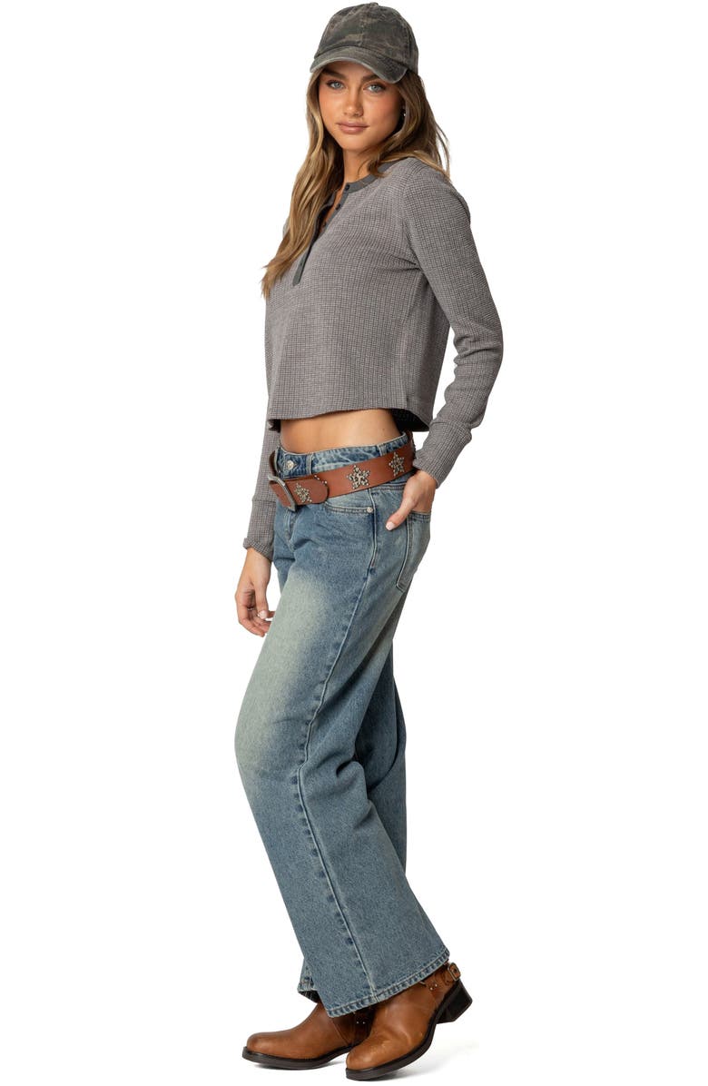 EDIKTED Ruth Long Sleeve Waffle Stitch Henley, Alternate, color, Gray-Melange