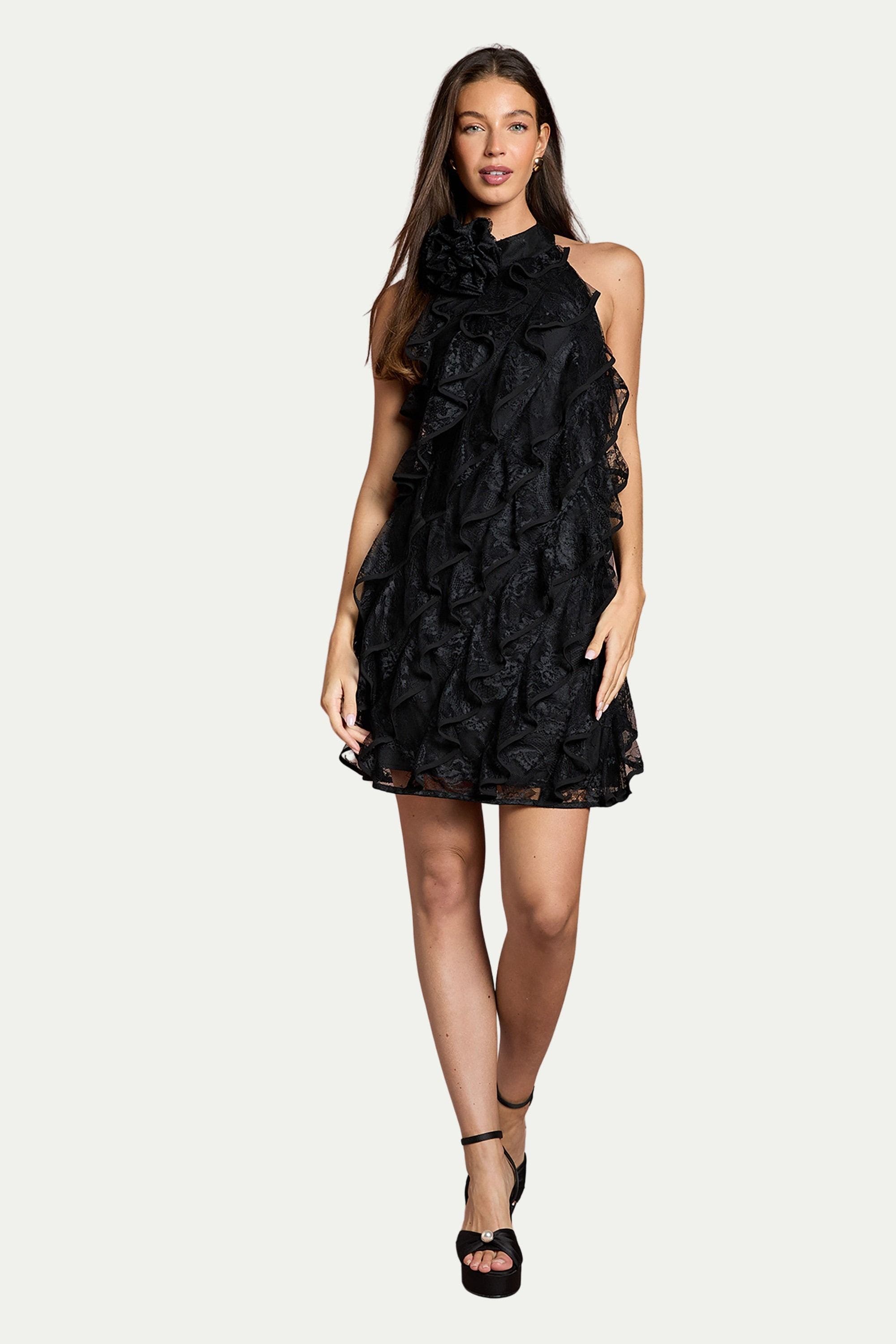 lace frill mini dress Livia One Shoulder Lace Ruffle Mini Dress