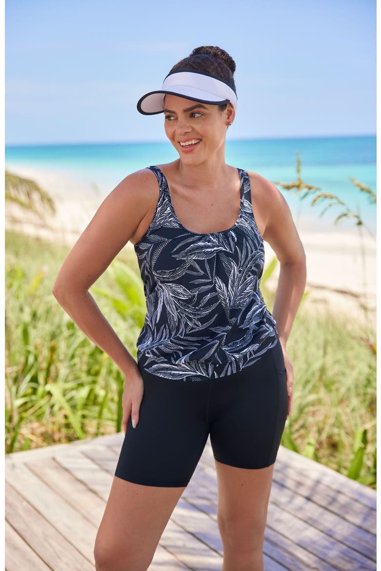 Shirred Neck Blouson Mastectomy Tankini Swimsuit Top, Alternate, color, Leaf Encounter
