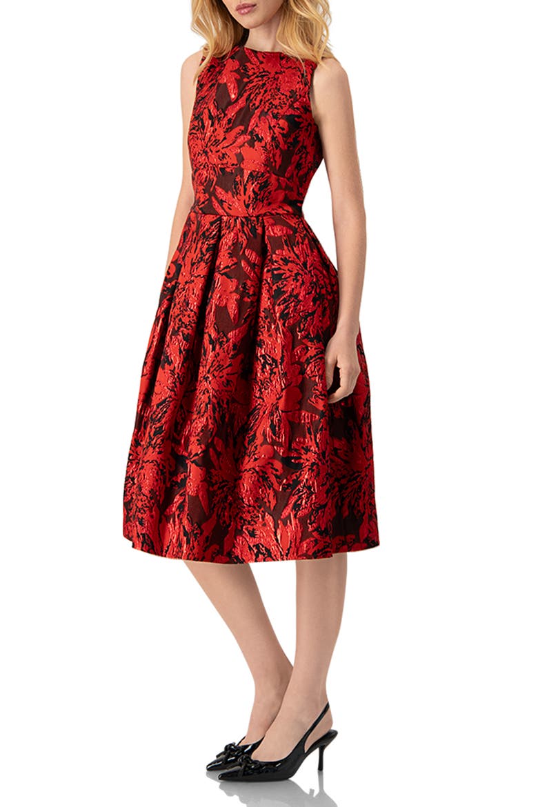 Sleeveless Red and Black Jacquard Midi Dress, Alternate, color, Red