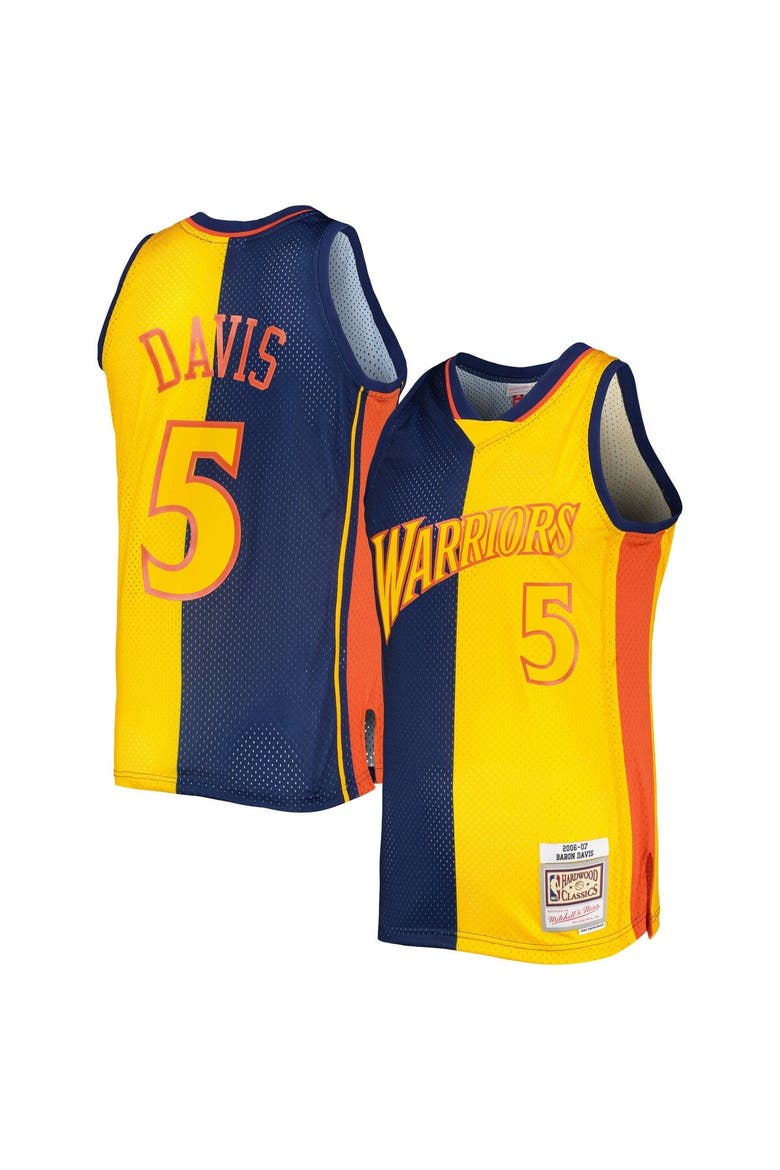 Men's Mitchell & Ness Baron Davis Navy/Gold Golden State Warriors Hardwood Classics 2006/07 Split Swingman Jersey, Main, color, Navy